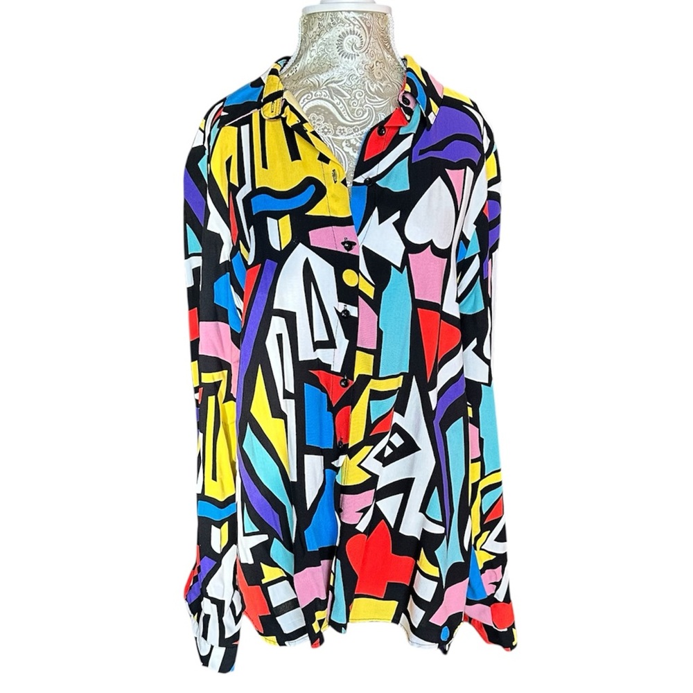 Y2K Pride 80’s Vibrant Abstract Geometric Art Pattern Button Blouse Size Large